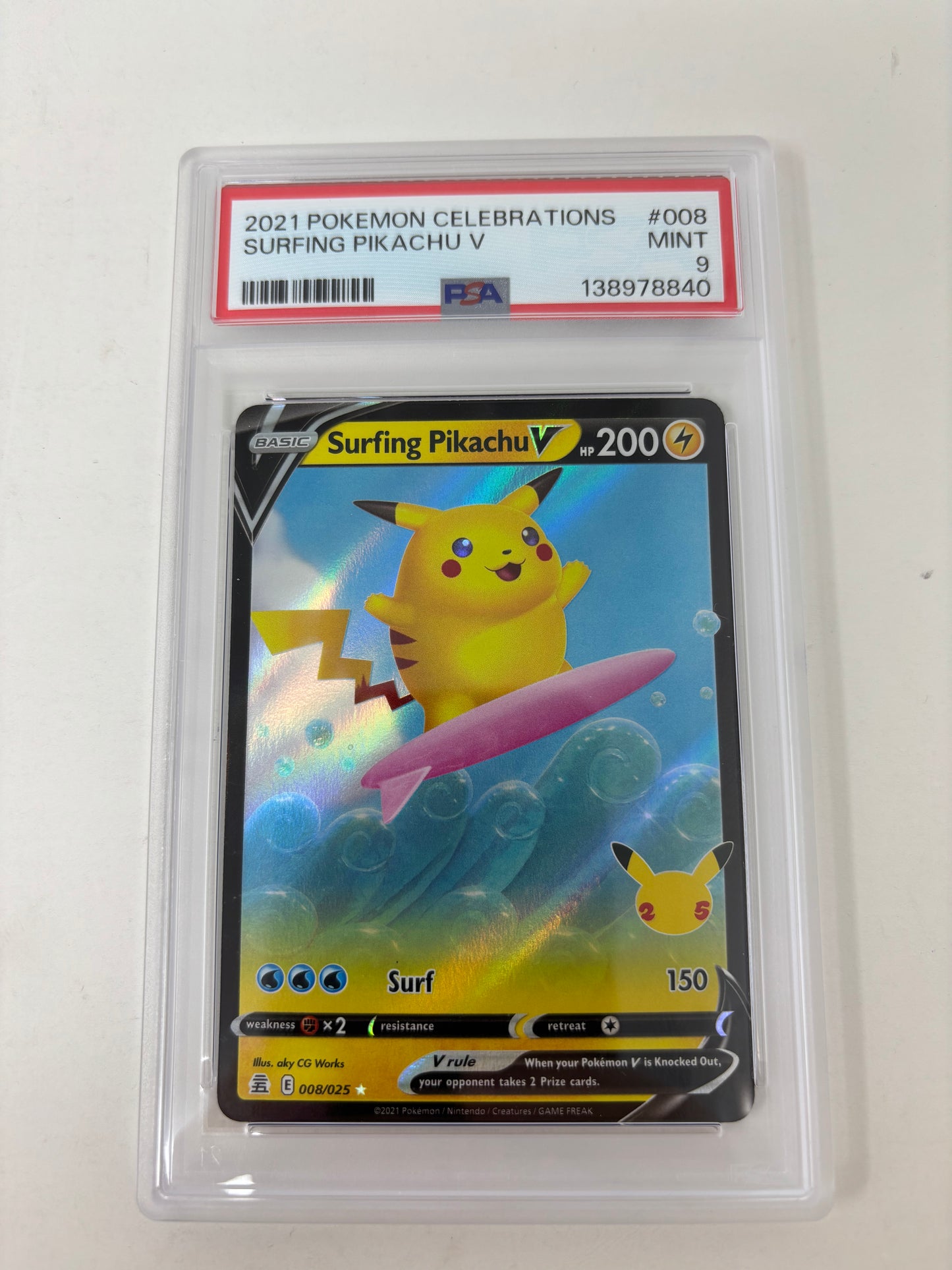 Pokemon Card 2021 SURFING PIKACHU V 008/025 Celebration PSA 9