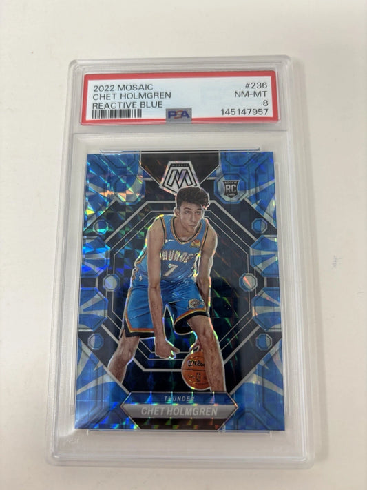 2022 Panini Mosaic Chet Holmgren Rookie Card Reactive Blue PSA 8